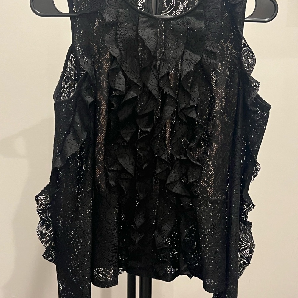 BCBGMaxAzria Black Lace Ruffle Blouse